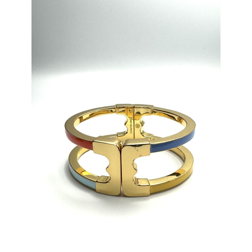 TORY BURCH GEMINI LINK HINGED CUFF IN GOLD & MULTI COLOR ENAMEL.